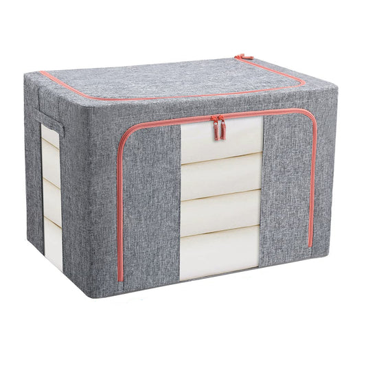 100L Foldable Linen Storage Box – Grey Closet Organiser with Metal Frame
